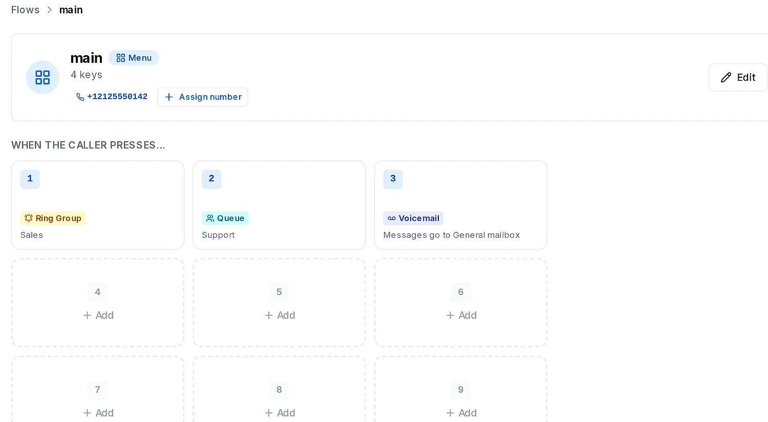 The menu editor: a keypad board where each key is assigned to a team, a person, a recording or voicemail
