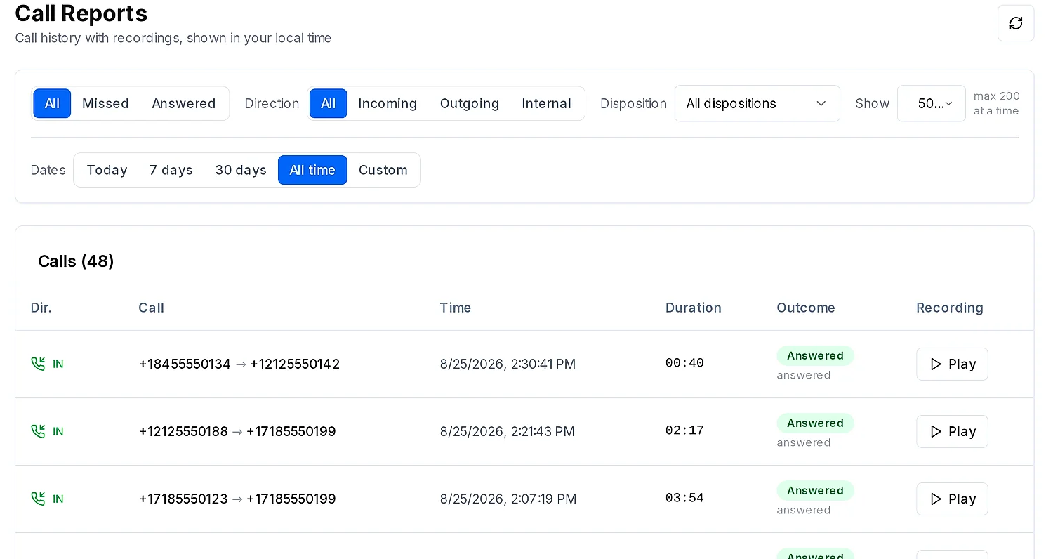 Call history: a list of calls with direction, caller, duration, outcome and the recording