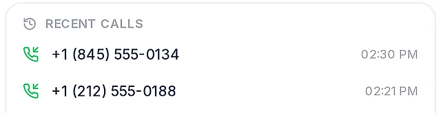 Recent calls, with numbers and times