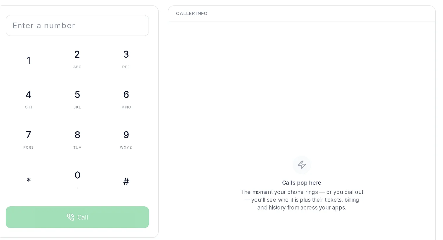 The Phone page: a dial pad and the caller-info panel that fills in when a call rings